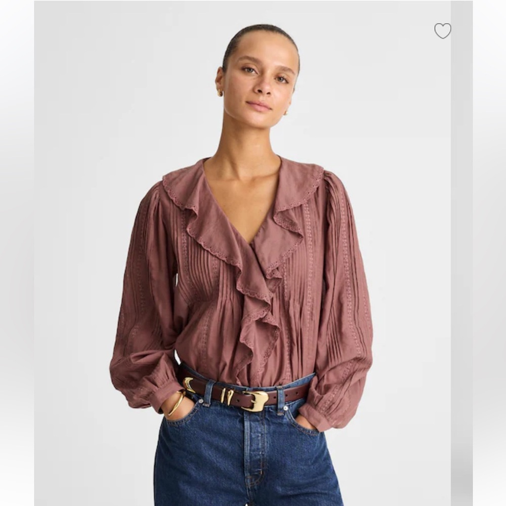 Madewell Lace-Insert Ruffled Pintuck Long-Sleeve Top in Burnt Soil, NWT, size M